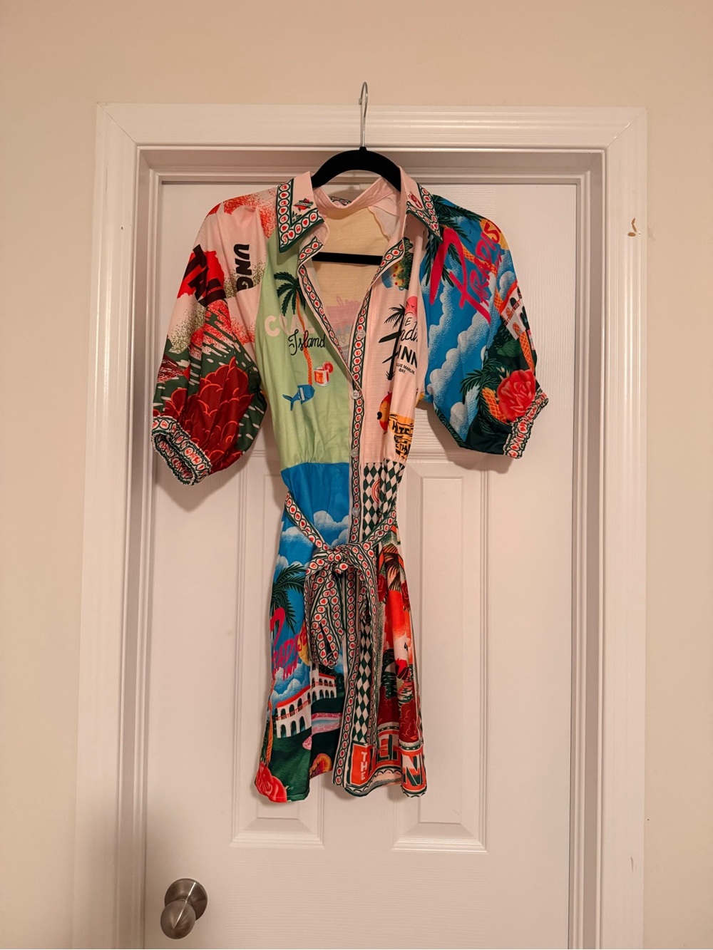 Multicolor Tropical Print Belted Mini Dress